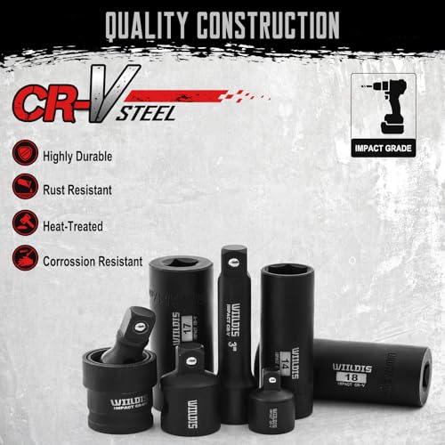 WIILDIS 70pcs 3/8" Drive Impact Socket Set,Standard SAE(5/16 to 3/4-Inch) Metric Size(8-22mm), CR-V Steel Deep Socket Kit, Adapters, Ratchet Handle, Screwdriver Bit Set, Sliding T Bar, 6 Point - size: 70-Piece