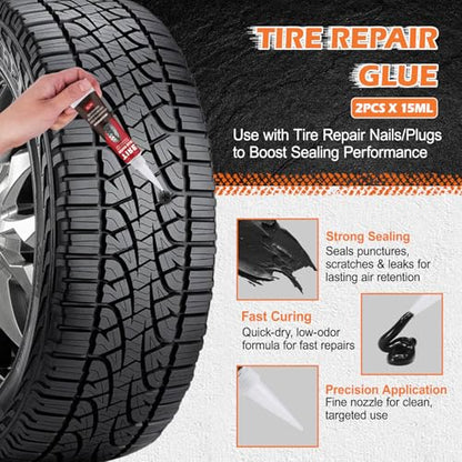 108 Pcs Tire Screw Plug Repair Kit, Tire Repair Screws with Tire Glue, Tire Repair Rubber Nail, Fast Self-Service Screw Tire Plug Kit for Tires, Car, Truck, Motorcycle, Tractor Puncture Repair