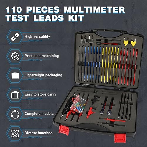110PCS Automotive Test Lead Kit, AES Wave Multimeter Lead Kit with Back Probes, Piercing Clips & Alligator Clips, Multi-Function Diagnostic Tools for Cars, Trucks & EVs, with Carrying Case - color: Black