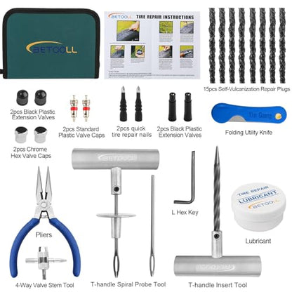 BETOOLL Tire Repair Kit, 35 Pcs Professional Heavy Duty Universal Emergency Flat Tire Repair Kit to Fix Punctures, for car Motorcycle, Truck, Golf Cart, ATV, Tractor, ARB, RV, SUV, Trailer etc.