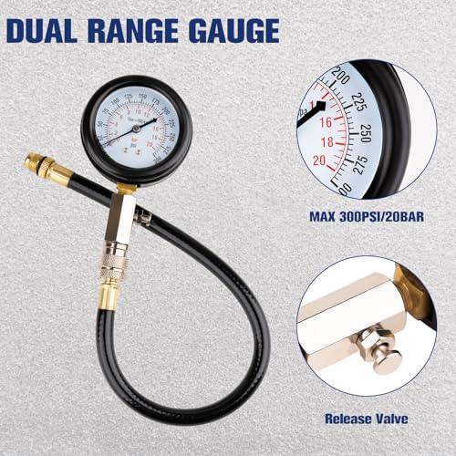 8 pcs Compression Tester Kit, Petrol Pressure Tester Range of 0-300 Psi Engine Compression Tester Kit for Automotive Cars and Motorcycles, Compression Tester Small Engine with Portable Storage Box