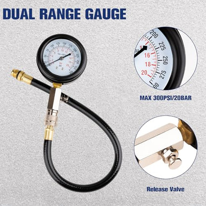 8 pcs Compression Tester Kit, Petrol Pressure Tester Range of 0-300 Psi Engine Compression Tester Kit for Automotive Cars and Motorcycles, Compression Tester Small Engine with Portable Storage Box