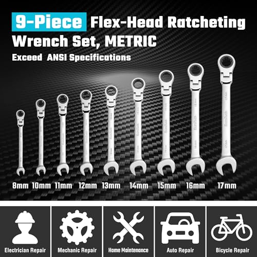 DURATECH 9-Piece Flex-Head Ratcheting Wrench Set, Metric | Combination Wrench, 72 Tooth, 8mm, 10mm, 11mm, 12mm, 13mm, 14mm, 15mm, 16mm, 17mm, CR-V Steel, Rolling Pouch Included - color: Silver, size: 8-17mm