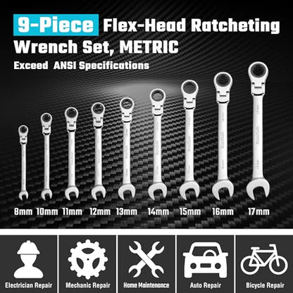 DURATECH 9-Piece Flex-Head Ratcheting Wrench Set, Metric | Combination Wrench, 72 Tooth, 8mm, 10mm, 11mm, 12mm, 13mm, 14mm, 15mm, 16mm, 17mm, CR-V Steel, Rolling Pouch Included - color: Silver, size: 8-17mm