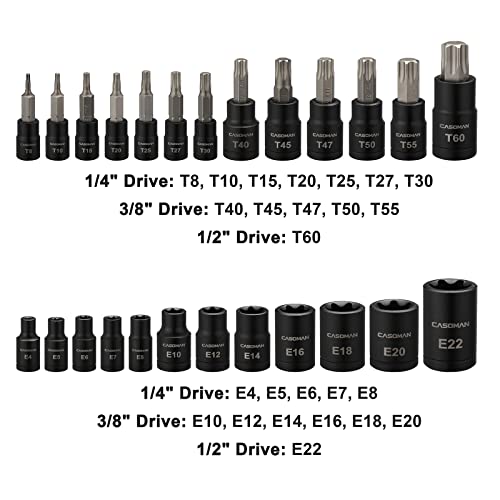 CASOMAN 25 Piece Torx Bit Socket and External Socket Set, 13 Star Socket Bits (T8- T60)& 12 Female E-Torx Sockets (E4-E22) - size: 25-Piece (T8-T60 & E4-E22)