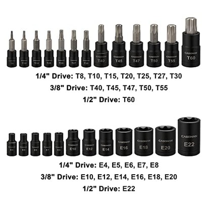 CASOMAN 25 Piece Torx Bit Socket and External Socket Set, 13 Star Socket Bits (T8- T60)& 12 Female E-Torx Sockets (E4-E22) - size: 25-Piece (T8-T60 & E4-E22)