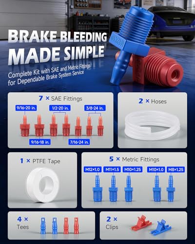 OMT Master Cylinder Bleeder Kit, 21pc Complete Brake Bleeder Tool Kit | Compatible with 13911. Universal fit with SAE/metric fittings, 22" clear hose , Clips and PTFE Tape