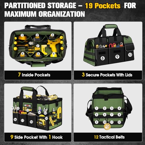18-Inch Heavy Duty Tool Bag, 19-Pockets Tool Box Organizer, Portable Toolbag W/Soft Handle for Organized Storage, Mechanic Gifts for Men Dad Husband Fathers Day, Wide Mouth Electrician Toolbox, Green - style: 18Inch Handle-Green