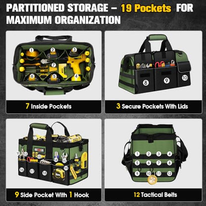 18-Inch Heavy Duty Tool Bag, 19-Pockets Tool Box Organizer, Portable Toolbag W/Soft Handle for Organized Storage, Mechanic Gifts for Men Dad Husband Fathers Day, Wide Mouth Electrician Toolbox, Green - style: 18Inch Handle-Green
