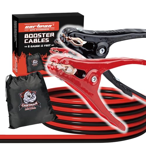 Cartman 8 Gauge 12 Feet Jumper Cable Heavy Duty Booster Cables with Carry Bag | Rubber-Insulated Safe-Grip Clamps, High-Density CCA Core, Flexible T-Prene Cable Jacket - size: 12-Feet (8-Gauge)