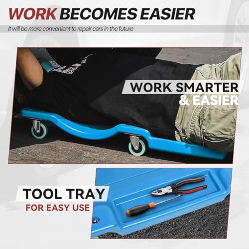 Mechanic Creeper 36 Inch, Low Profile Under Car Rolling Creeper with Padded Headrest and Tool Trays, 300 LBS Weight Capacity, Ergonomic Body Design, Blue