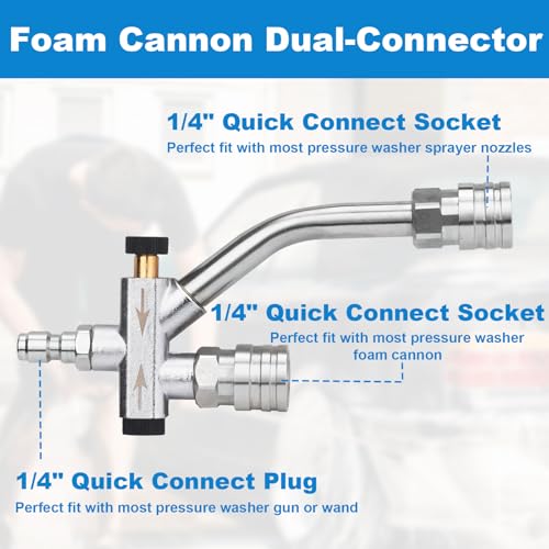 DUSICHIN Pressure Washer Short Gun Foam Cannon 1/4" Quick Connector,Car Wash Foam Gun Kit Dual Connector Accessory,Double Tip Attachment For Soap Cannon with 5 Nozzle Tips DUS2501