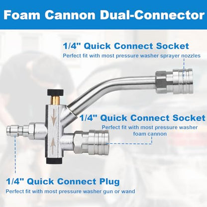DUSICHIN Pressure Washer Short Gun Foam Cannon 1/4" Quick Connector,Car Wash Foam Gun Kit Dual Connector Accessory,Double Tip Attachment For Soap Cannon with 5 Nozzle Tips DUS2501