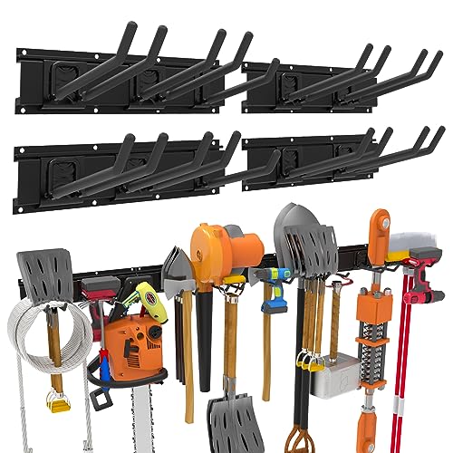 Wall-Mounted Garage Tool Organizer: 64 Inch Heavy-Duty Garden Rack & Wall Storage System - 4 Rails 10 Non-Slip Hooks for Folding Chairs, Ladders & DIY Tools