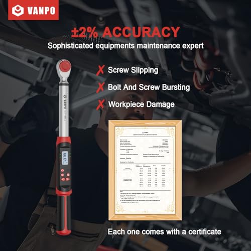 VANPO Digital Torque Wrench 1/2-Inch Drive 5-99.5 ft-lbs./6.8-135Nm, Electronic Torque Wrench with Preset Value, Buzzer and LED Notification, ±2% Accuracy for Moto, Car - size: 5-99.5 ft-lbs./6.8-135Nm