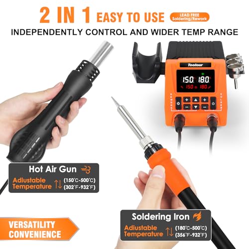 TOOLOUR 2-IN-1 851D Soldering Station, Iron Kit, 302°F-932°F Fast Heating, Hot Air Rework Desoldering Kits includes 9 Accessories, Dual Channel Control, 90-Level Airflow,ESD Save for SMD, PCB, DIY