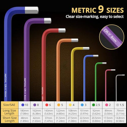 AMTOVL Hex Key Set, 9PCS Metric Allen Key Set, 1.5-10MM, Anti-Slip Long Ball End Hex Wrench Set, Color Coding Hex Key Set for Disassembling Mechanical Equipment, Vehicle, and Bicycle Repairs - size: 9 PCS METRIC SET