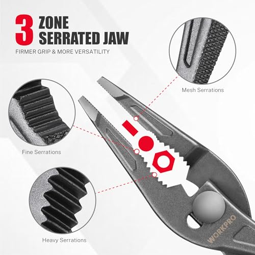 WORKPRO 8'' Long Nose Slip Joint Pliers, CR-V Needle Nose Pliers with Comfortable Grip Handles, 3-Zone Serrated Jaw from Premium Steel for Clamping, Tightening and Loosening