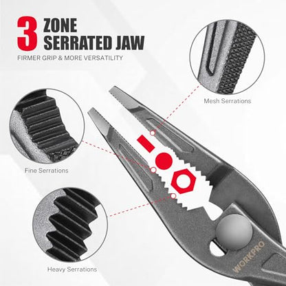 WORKPRO 8'' Long Nose Slip Joint Pliers, CR-V Needle Nose Pliers with Comfortable Grip Handles, 3-Zone Serrated Jaw from Premium Steel for Clamping, Tightening and Loosening