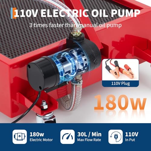 Oil Drain Pan 20 Gallon Oil Drain Tank,76L Low Profile Oil Drain Pan,Oil Catch Pans for Changing Oil,Foldable Hand, with 110V Electric Pump,Hose, Swivel Casters for Car, SUV, Trucks Oil Draining