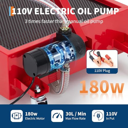 Oil Drain Pan 20 Gallon Oil Drain Tank,76L Low Profile Oil Drain Pan,Oil Catch Pans for Changing Oil,Foldable Hand, with 110V Electric Pump,Hose, Swivel Casters for Car, SUV, Trucks Oil Draining
