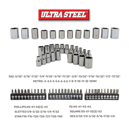 113PC Professional Mechanic Tool Set, Ratchet, Sockets | Wrenches, Hex Keys, Bits, Blow Mold Case, DIY, Home, Repair, Electronics, Garage, Workshop, Precision, Fastening