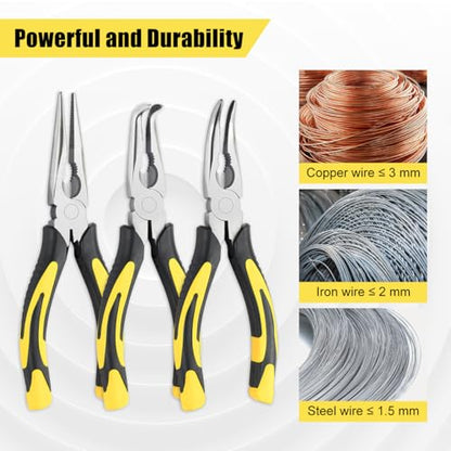 3pcs 8inch Reach Needle Nose Pliers Set for Narrow Spaces | Straight Needle Nose Pliers,45°&90°Bent Nose Pliers,Pliers Tool Set for Hard to Reach Areas & Precision Work
