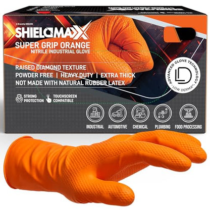 ShieldMaxx Heavy Duty Nitrile Gloves – 8 Mil Orange Industrial Glove Powder Latex Free Non-Sterile Diamond Texture Grip - size: Medium (Pack of 1000)