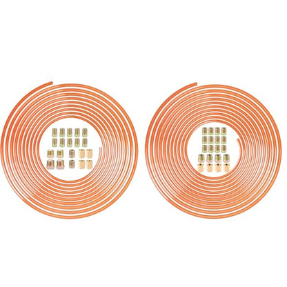 Brake Line Kit, 3/16" + 1/4" Brake Line - Easy to Bend Tubing - 2x 25 ft Copper Coated Brake Line + 32x Brake Line Fittings and 8x Threads Unions - size: 3/16" & 1/4" Brake Line