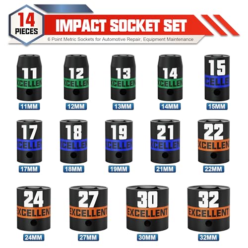 14 Pieces 1/2-Inch Drive Impact Socket Set, 11-32mm Shallow Socket, 6 Point Metric Sockets for Automotive Repair, Equipment Maintenance - size: 1/2 Inch Metric
