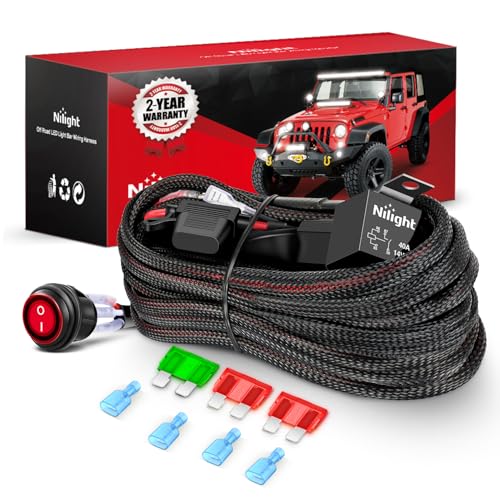 Nilight Nylon Wiring Harness Kit 12 AWG 2 Leads | 12 V On/Off Switch with Power Relay & Blade Fuse for Off Road LED Light Bar on Cars Jeep Boat Trucks - color: 12AWG-2 Lead-Nylon Wire Loom