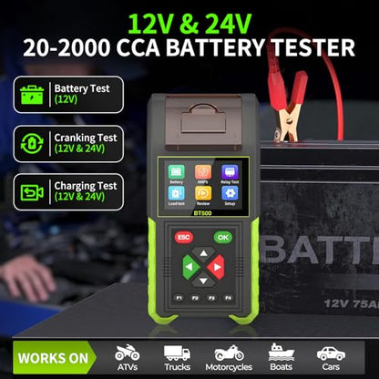 BT500 12V 24V Automotive Battery Tester with Printer - 20-2000 CCA Load Tester, Alternator/Relay/Leakage Tester for Car & Heavy Duty Truck