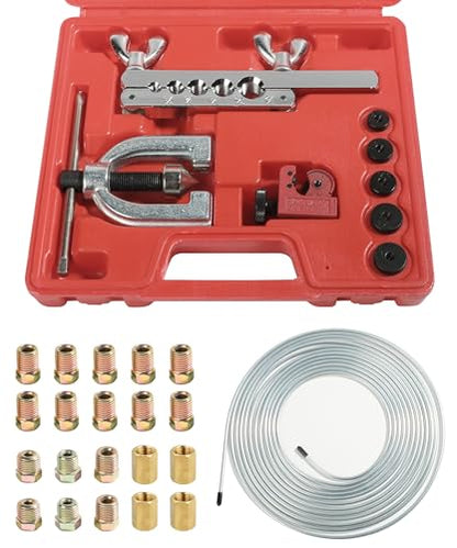YAKEFLY 25 ft 3/16 Copper Coated Brake Line Kit with 16 Fittings and 4 Unions Brake Line Fittings,Brake Line Double & Single Flaring Tool Kit,Fits for Most Hydraulic Braking Systems (Silver) - color: Silver