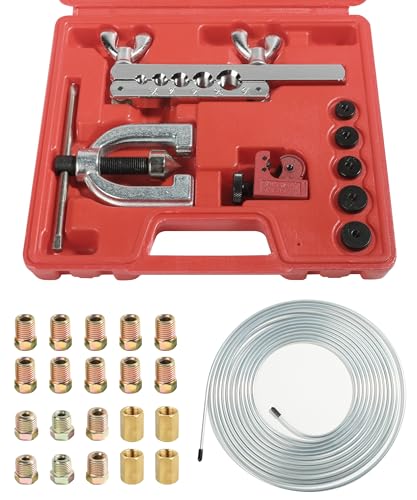 YAKEFLY 25 ft 3/16 Copper Coated Brake Line Kit with 16 Fittings and 4 Unions Brake Line Fittings,Brake Line Double & Single Flaring Tool Kit,Fits for Most Hydraulic Braking Systems (Silver) - color: Silver