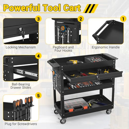 3 Tier Rolling Tool Cart on Wheels, 550 LBS Tool Cart with Drawers，Heavy Duty Utility Cart with Pegboard and Hooks，Mechanic Tool Storage Cart for Garage, Warehouse (Black) - color: Black