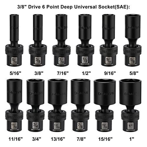 MIXPOWER 3/8" Drive Deep Impact Universal Joint Swivel Socket Set, SAE, 5/16" - 1", Deep, Flexible Wobble, Chrome Molybdenum Steel, 12 Pieces Set - size: 12 Pcs SAE 3/8'' Dr. (Deep)