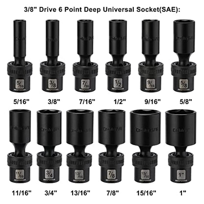 MIXPOWER 3/8" Drive Deep Impact Universal Joint Swivel Socket Set, SAE, 5/16" - 1", Deep, Flexible Wobble, Chrome Molybdenum Steel, 12 Pieces Set - size: 12 Pcs SAE 3/8'' Dr. (Deep)