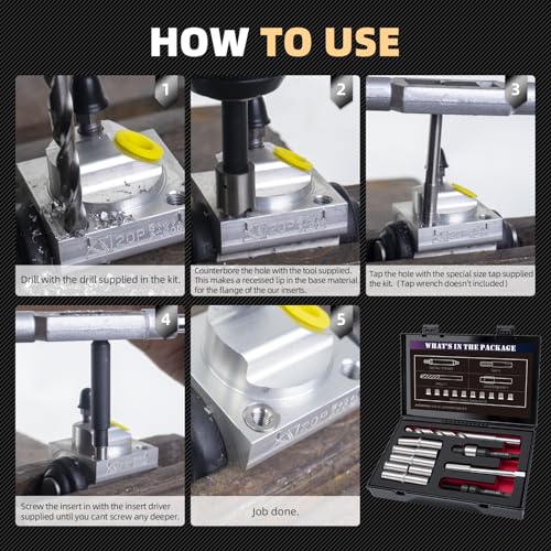 M11X1.25X28.2MM Thread Repair Kit with Insert HSS Drill, Tap, Counterbore, Installation Driver, Metric, 10PCS Stainless Steel Insert M11X1.25X28.2MM