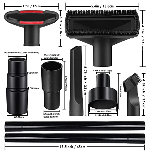 12PCS Universal Vacuum Attachment Kit Wet Dry Plastic Vacuum Hose Adapter 1-1/4" Vacuum Cleaners Accessories with Horse Hair Brush Extension Wand Flexible Crevice Tool Adapter for Shop Vac Accessories