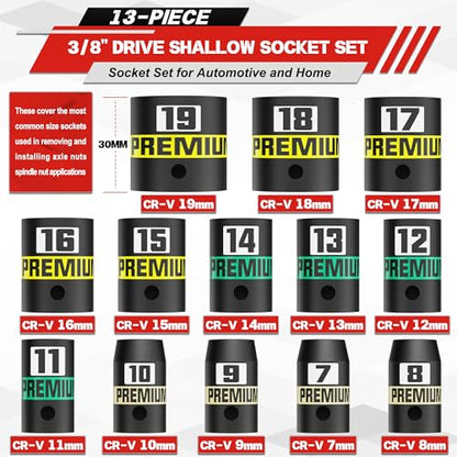 13-Piece 3/8" Drive Shallow Impact Socket Set, 7-19mm, Semi-Deep Sockets, CR-V, Socket Set for Automotive and Home, Metric, 6 Point Socket Set for Automotive and Home - size: 3/8" 13pcs Metric Shallow