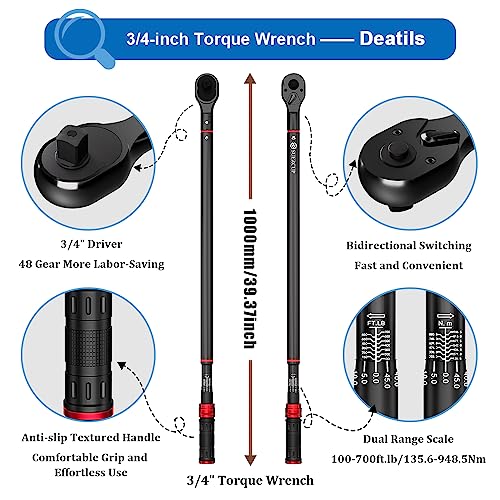 SUERCUP 3/4-Inch Drive Click Torque Wrench, 100-700ft.lb/135.5-948.5Nm | Heavy Duty Torque Wrench, ±3% Accuracy, Dual-Direction Adjustable, 48-Tooth, for Oil Rigs, Truck & Tractor Maintenance - size: 3/4" 100-700Ft.Lb/135.5-948.5N.m