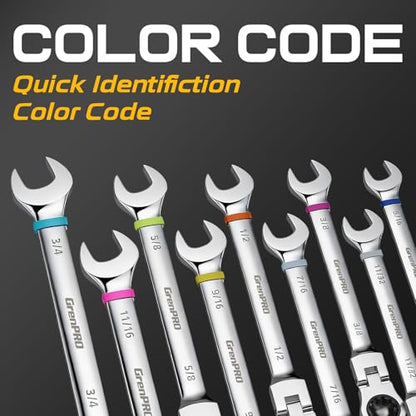 GRENPRO Ratchet Wrenches Set, 23PC Flex Head Ratcheting Wrench Set Metric and Standard & SAE, 6-18mm & 1/4" to 3/4" with Color Ring, CRV Open End Tool Organizer Pouch, Combination Ratchet Wrench Sets - style: 23PCS Flex Head Ratcheting Wrench Set Metric&S