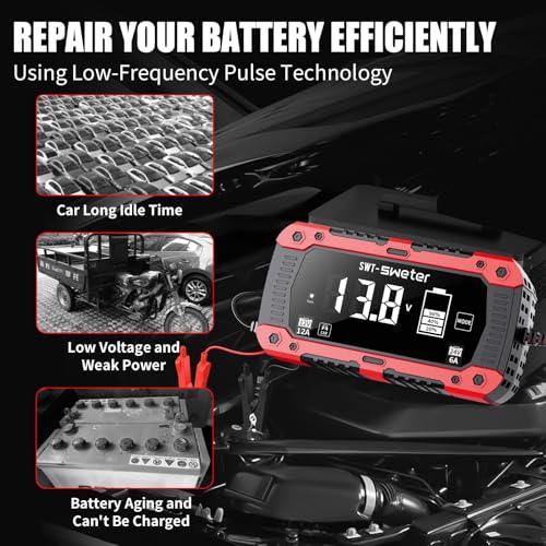 12A Smart Car Battery Charger, 12V/24V Automatic Battery Maintainer & Desulfator - Compatible with LiFePO4 Lithium, AGM, Gel, SLA, Lead-Acid for Truck, Motorcycle, Lawn Mower, Boat