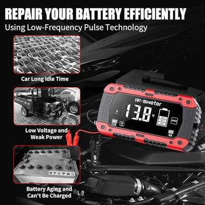 12A Smart Car Battery Charger, 12V/24V Automatic Battery Maintainer & Desulfator - Compatible with LiFePO4 Lithium, AGM, Gel, SLA, Lead-Acid for Truck, Motorcycle, Lawn Mower, Boat