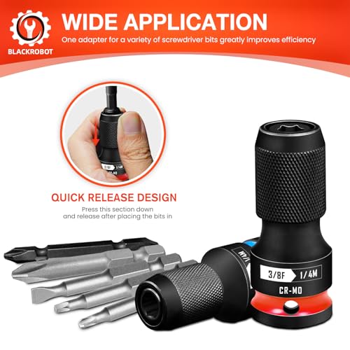 BLACKROBOT 2PCS Quick Release Impact Bit Holders 1/2-Inch & 3/8-Inch Square Drive to 1/4-Inch Hex Socket Adapter, CR-MO Steel - size: 3/8+1/2 Impact Bit Holder