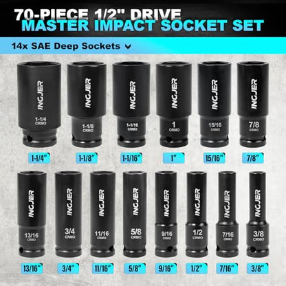 1/2" Drive Impact Socket Set, 70 Piece SAE 3/8" to 1-1/4" and Metric 10-24mm, 6 Point Cr-MO Alloy Steel for Auto Repair, Easy-to-Read Size Markings, Rugged Construction, Storage Case - size: 1/2inch 70PCS SET