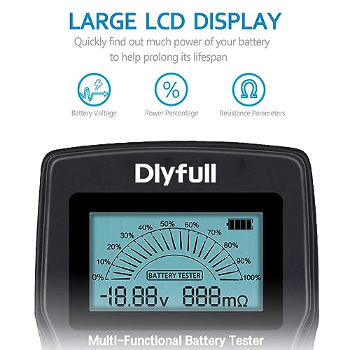 Dlyfull Universal Battery Tester with LCD Display, Small Digital Battery Voltage Resistance Checker for Ni-MH, Ni-CD, Li-ion, Alk & LiFe04 Batteries(AA AAA C D 9V 12V 18650 CR123A 2CR5 CR2032 Cells)