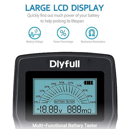 Dlyfull Universal Battery Tester with LCD Display, Small Digital Battery Voltage Resistance Checker for Ni-MH, Ni-CD, Li-ion, Alk & LiFe04 Batteries(AA AAA C D 9V 12V 18650 CR123A 2CR5 CR2032 Cells)