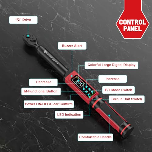 SUERCUP 1/2" Digital Torque Wrench, 2.2-147.5Ft.Lb/3-200N.m, ±1% Accuracy | Electronic Torque Wrench, Vibration, Buzzer, LED Flash,9 Presets & 5 Units for Engine/Suspension, Lug Nut, Car & Moto Repair - size: 1/2" 2.2-147.5Ft.Lb/3-200N.m