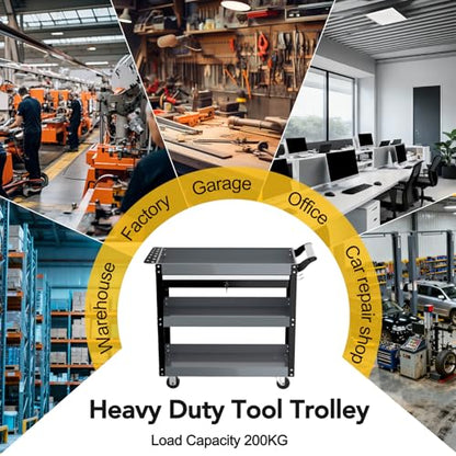 Tool Cart,27.5" 3 Tier Tool Cart on Wheels,Utility Industrial Service Cart with Drawers,Pegboard and Locking System,Suitable for Garage,Warehouse,Mechanic,440LBS Load,Black - size: Black